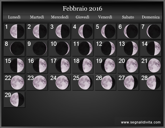 Calendario Lunare di Febbraio 2016 - Le Fasi Lunari