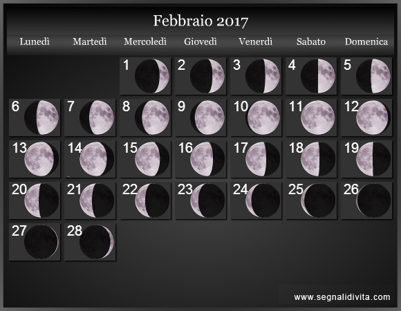 Calendario Lunare di Febbraio 2017 - Le Fasi Lunari