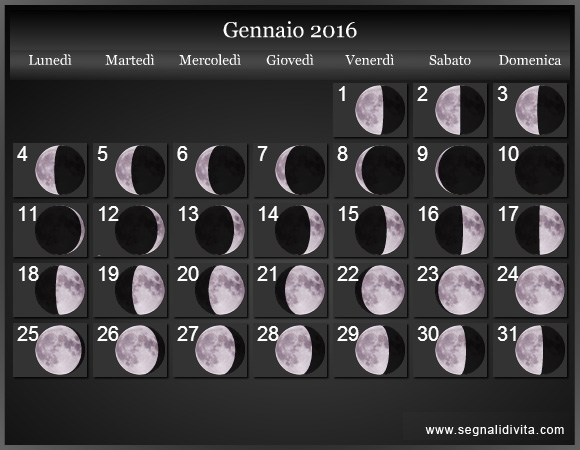 Calendario Lunare di Gennaio 2016 - Le Fasi Lunari