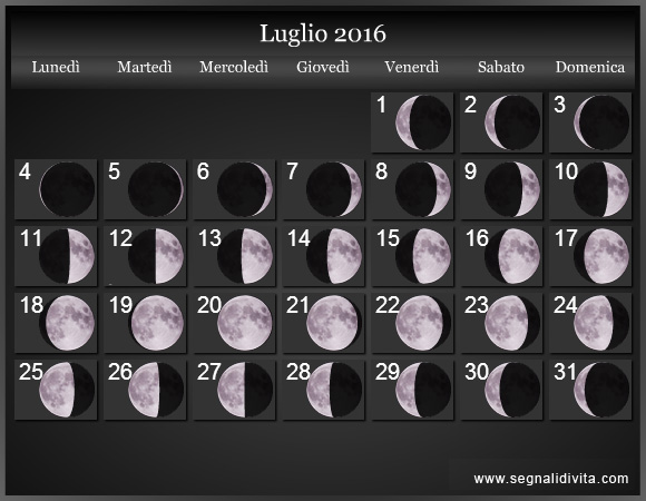 Calendario Lunare di Luglio 2016 - Le Fasi Lunari