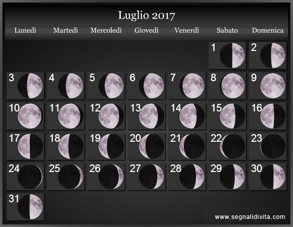 Calendario Lunare di Luglio 2017 - Le Fasi Lunari