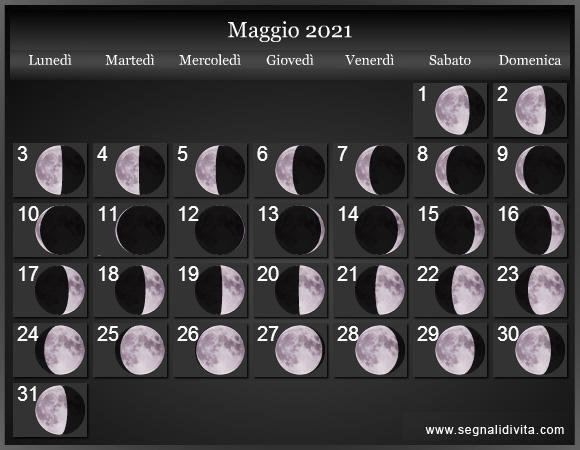 Calendario Lunare di Maggio 2021 - Le Fasi Lunari