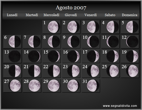 Calendario Lunare di Agosto 2007 - Le Fasi Lunari