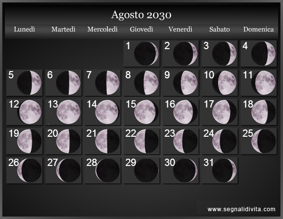 Calendario Lunare di Agosto 2030 - Le Fasi Lunari