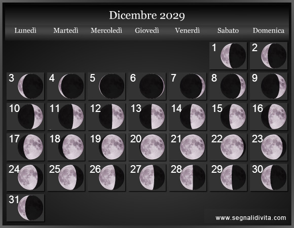 Calendario Lunare di Dicembre 2029 - Le Fasi Lunari