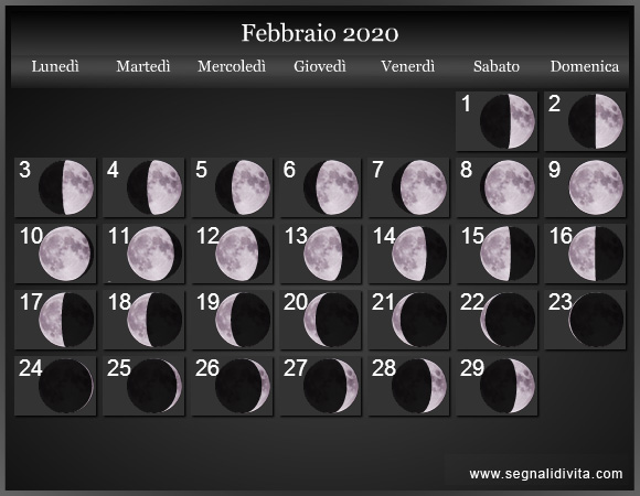 Calendario Lunare di Febbraio 2020 - Le Fasi Lunari