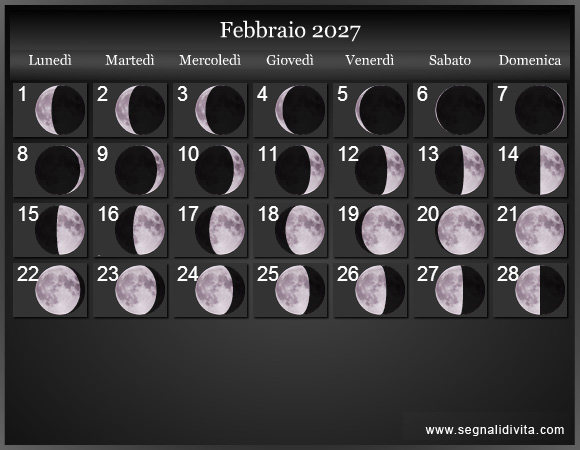Calendario Lunare di Febbraio 2027 - Le Fasi Lunari
