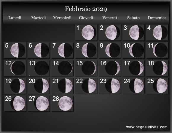 Calendario Lunare di Febbraio 2029 - Le Fasi Lunari