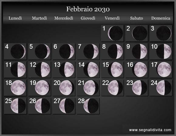 Calendario Lunare di Febbraio 2030 - Le Fasi Lunari
