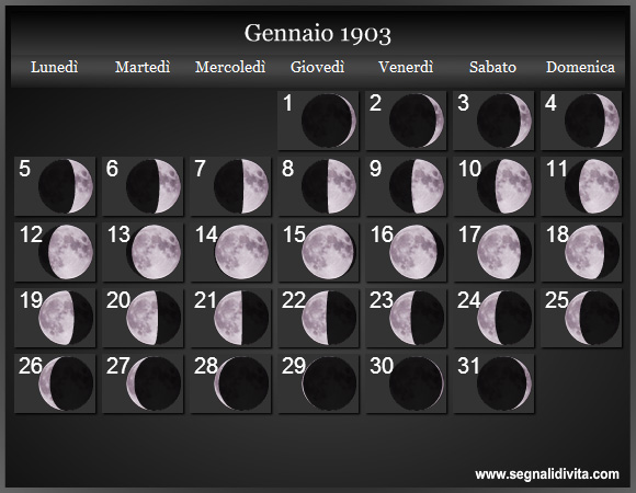 Calendario Lunare di Gennaio 1903 - Le Fasi Lunari