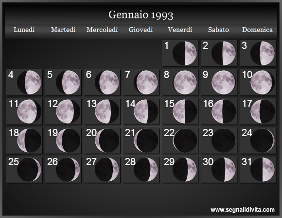 Calendario Lunare di Gennaio 1993 - Le Fasi Lunari