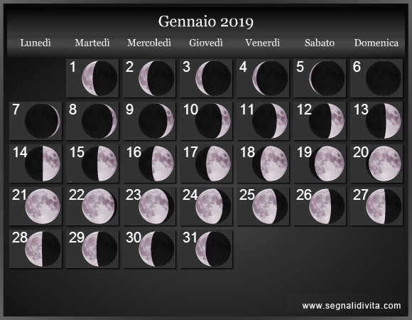 Calendario Lunare di Gennaio 2019 - Le Fasi Lunari