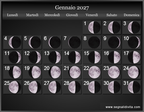 Calendario Lunare di Gennaio 2027 - Le Fasi Lunari