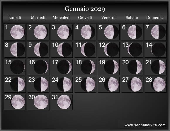 Calendario Lunare di Gennaio 2029 - Le Fasi Lunari