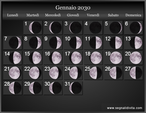 Calendario Lunare di Gennaio 2030 - Le Fasi Lunari