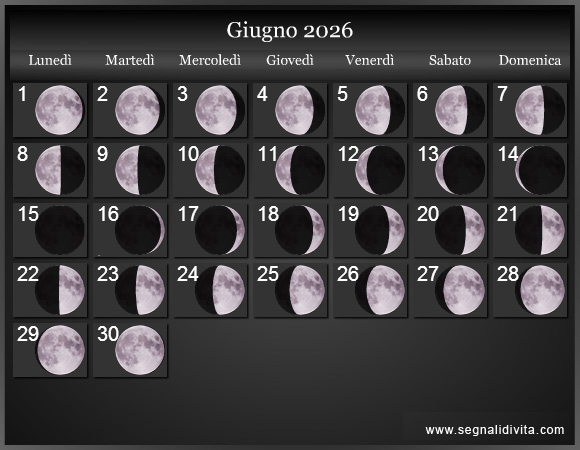 Calendario Lunare di Giugno 2026 - Le Fasi Lunari