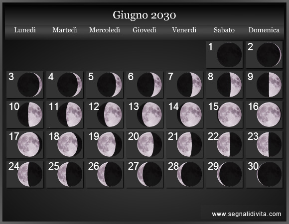 Calendario Lunare di Giugno 2030 - Le Fasi Lunari