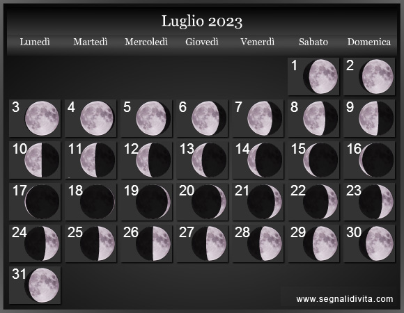 Calendario Lunare di Luglio 2023 - Le Fasi Lunari