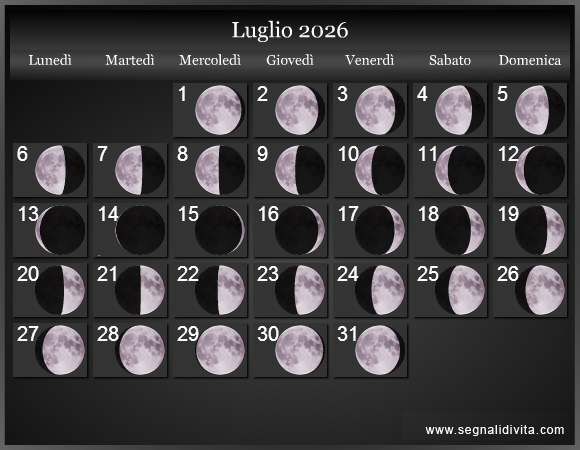 Calendario Lunare di Luglio 2026 - Le Fasi Lunari