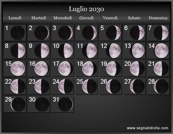 Calendario Lunare di Luglio 2030 - Le Fasi Lunari