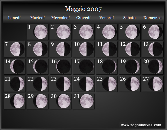 Calendario Lunare Maggio 2007 :: Fasi Lunari
