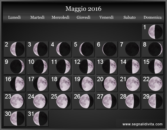 Calendario Lunare Maggio 2016 :: Fasi Lunari