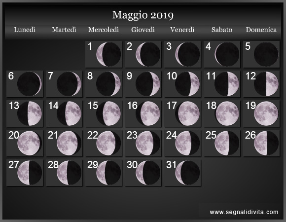 Calendario Lunare di Maggio 2019 - Le Fasi Lunari