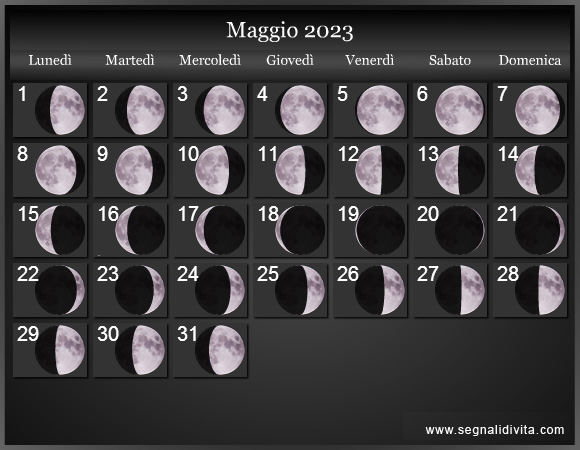 Calendario Lunare di Maggio 2023 - Le Fasi Lunari