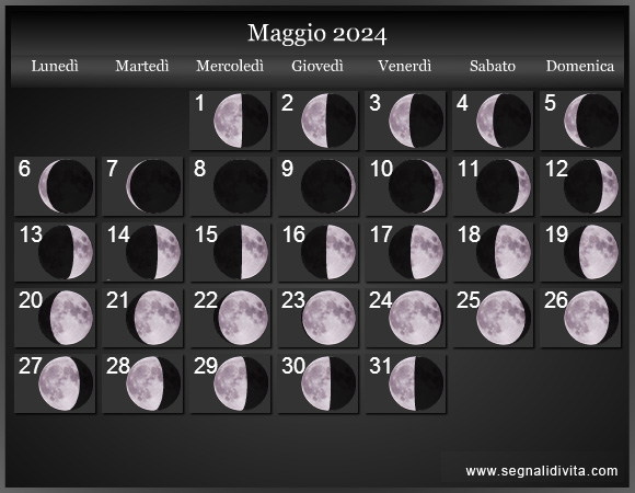 CALENDARIO FASI LUNARI MAGGIO 2024