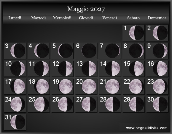 Calendario Lunare di Maggio 2027 - Le Fasi Lunari
