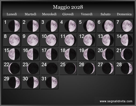 Calendario Lunare di Maggio 2028 - Le Fasi Lunari