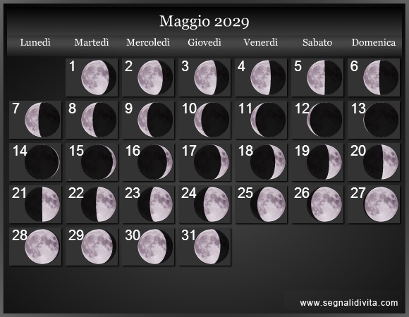 Calendario Lunare di Maggio 2029 - Le Fasi Lunari