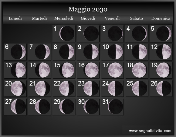 Calendario Lunare di Maggio 2030 - Le Fasi Lunari