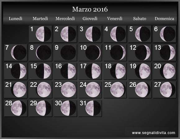 Calendario Lunare di Marzo 2016 - Le Fasi Lunari