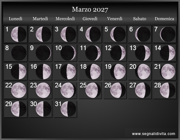 Calendario Lunare di Marzo 2027 - Le Fasi Lunari