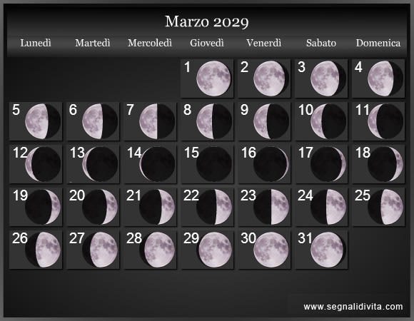 Calendario Lunare di Marzo 2029 - Le Fasi Lunari