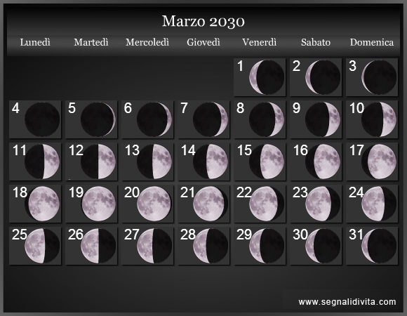 Calendario Lunare di Marzo 2030 - Le Fasi Lunari