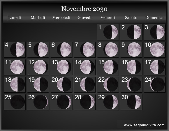 Calendario Lunare di Novembre 2030 - Le Fasi Lunari