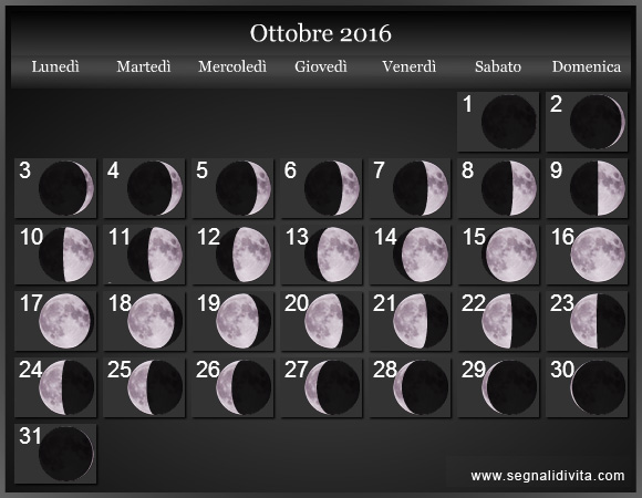 Calendario Lunare Ottobre 2016 :: Fasi Lunari