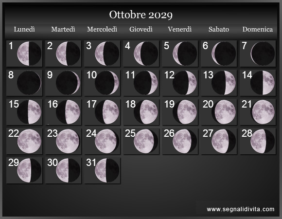 Calendario Lunare di Ottobre 2029 - Le Fasi Lunari