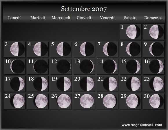 Calendario Lunare di Settembre 2007 - Le Fasi Lunari