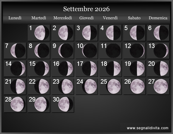 Calendario Lunare di Settembre 2026 - Le Fasi Lunari